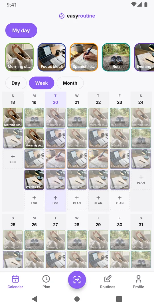 EasyRoutine week view of the My day routine with colored tiles for logged activities and faded entries for planned ones that are not logged yet