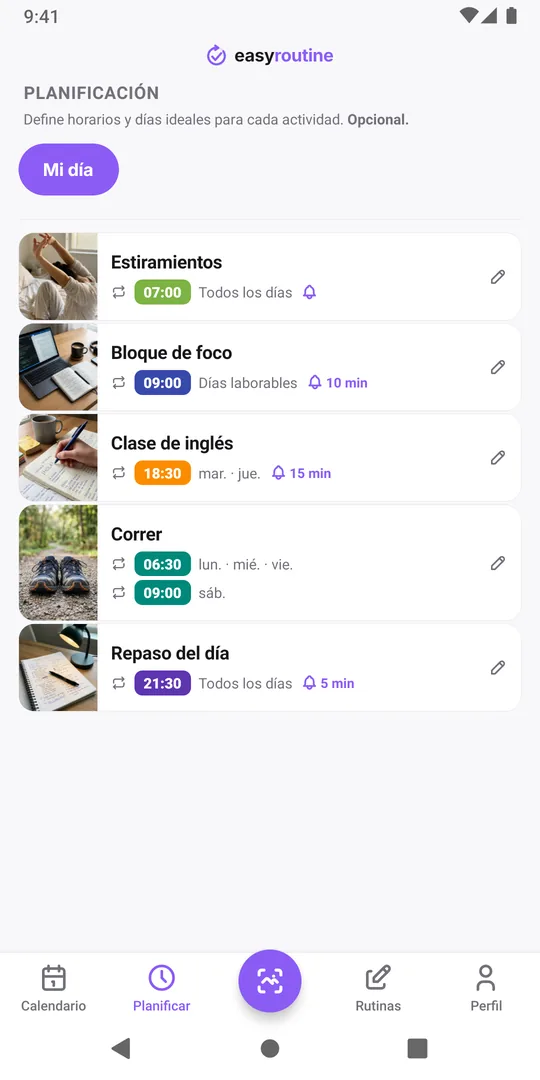 Pestaña Planificar de EasyRoutine para la rutina Mi día: estiramientos todos los días a las 07:00, bloque de foco en días laborables a las 09:00, una clase martes y jueves a las 18:30 con periodo activo, correr lunes, miércoles y viernes a las 06:30 y el sábado a las 09:00, y repaso del día todos los días a las 21:30, con campanas de recordatorio