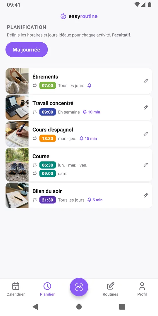 Onglet Planifier d'EasyRoutine pour la routine Ma journée : étirements tous les jours à 07:00, travail concentré en semaine à 09:00, un cours le mardi et le jeudi à 18:30 avec une période active, course le lundi, le mercredi et le vendredi à 06:30 et le samedi à 09:00, et bilan du soir tous les jours à 21:30, avec des cloches de rappel