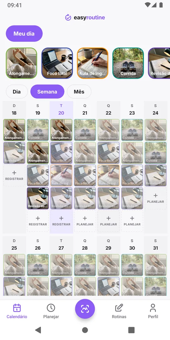 Visão da semana do EasyRoutine da rotina Meu dia com quadrados coloridos para atividades registradas e entradas apagadas para as planejadas que ainda não foram registradas