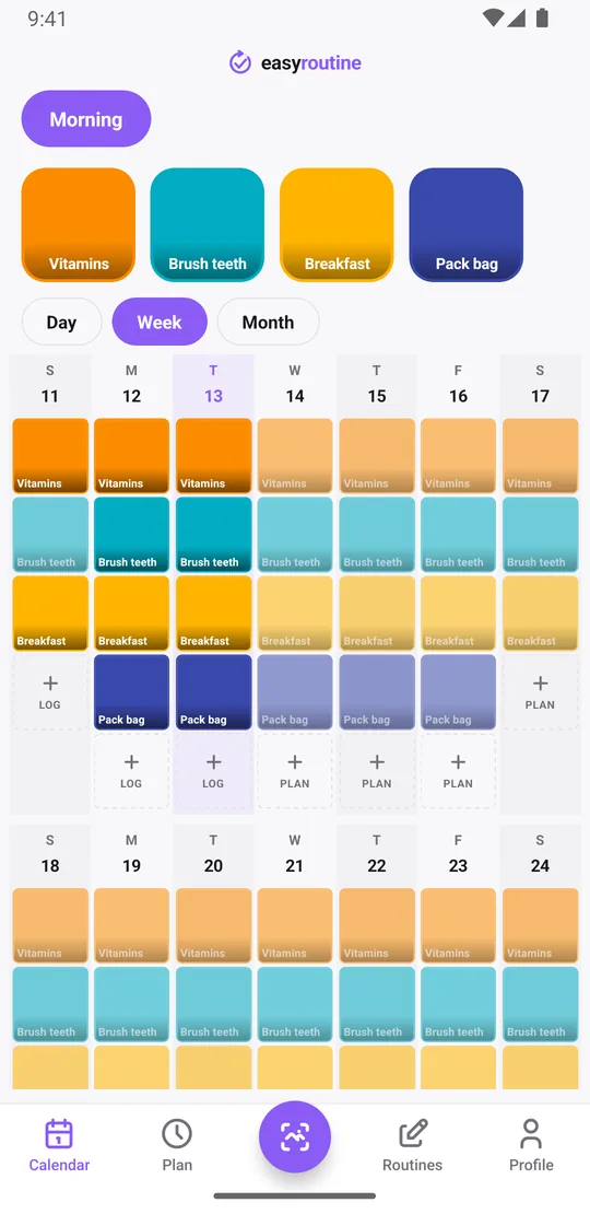 EasyRoutine week view of the Morning routine with colored tiles for logged steps and faded entries for planned steps not yet logged