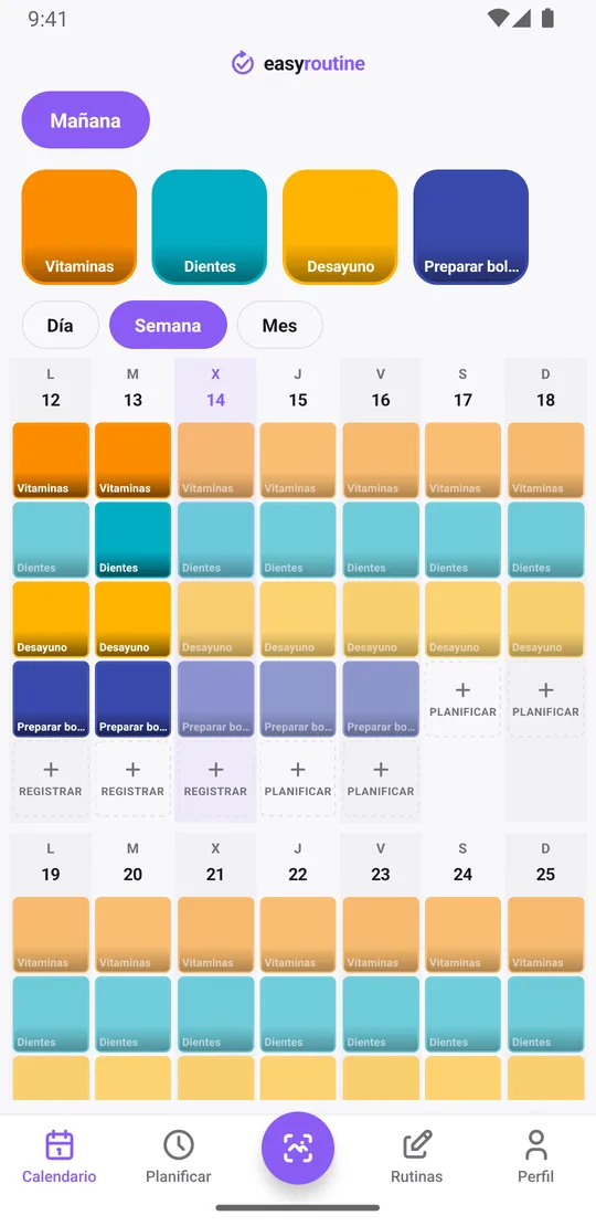 Vista semanal de EasyRoutine de la rutina Mañana con mosaicos de color para los pasos registrados y entradas atenuadas para los planificados aún sin registrar