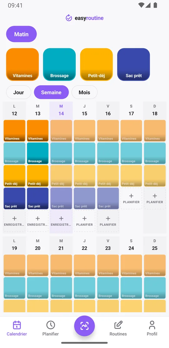 Vue semaine d'EasyRoutine pour la routine Matin, avec des tuiles colorées pour les étapes enregistrées et des entrées pâles pour celles prévues mais pas encore cochées