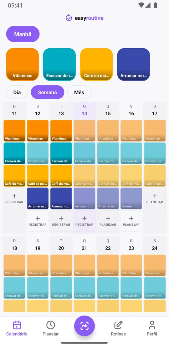 Visão semanal do EasyRoutine da rotina Manhã com blocos coloridos para os passos registrados e entradas esmaecidas para os planejados ainda não registrados