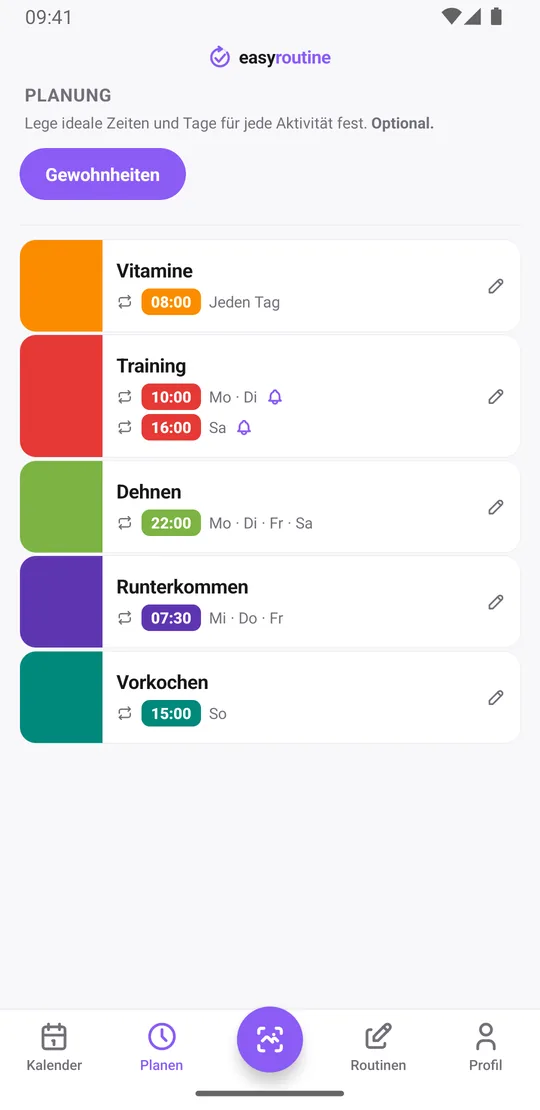 EasyRoutine Tab Planen mit Vitaminen täglich, Training Montag und Dienstag um 10:00 und Samstag um 16:00, beide Zeiten mit Erinnerungsglocke, Dehnen an vier Abenden, Runterkommen Mittwoch bis Freitag morgens und Vorkochen am Sonntag