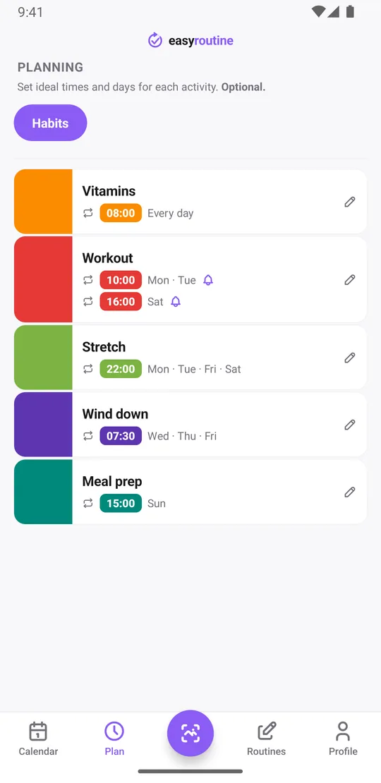 EasyRoutine Plan tab listing vitamins every day, workout on Monday and Tuesday at 10:00 and on Saturday at 4:00 pm with a reminder bell on both times, stretch on four evenings, wind down on Wednesday to Friday mornings and meal prep on Sunday