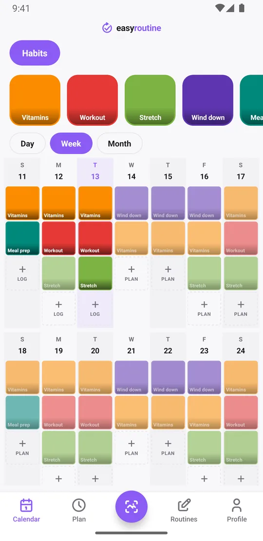 EasyRoutine week view with colored tiles for logged habits on different days and times and faded entries for planned habits not yet logged