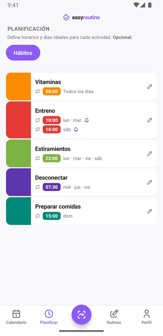 Pestaña Planificar de EasyRoutine con vitaminas todos los días, entreno lunes y martes a las 10:00 y sábado a las 16:00, con campana de aviso en ambos horarios, estiramientos cuatro noches, desconectar de miércoles a viernes por la mañana y preparar comidas el domingo