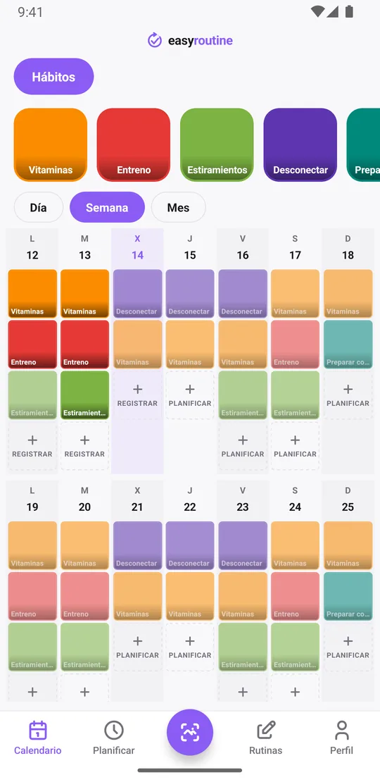 Vista semanal de EasyRoutine con mosaicos de color para los hábitos registrados en días y horas distintos y entradas atenuadas para los planificados aún sin registrar