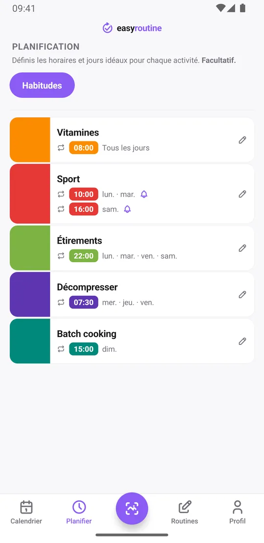 Onglet Planifier d'EasyRoutine avec vitamines tous les jours, sport lundi et mardi à 10 h et samedi à 16 h, avec une cloche de rappel sur les deux horaires, étirements quatre soirs, décompresser du mercredi au vendredi matin et batch cooking le dimanche