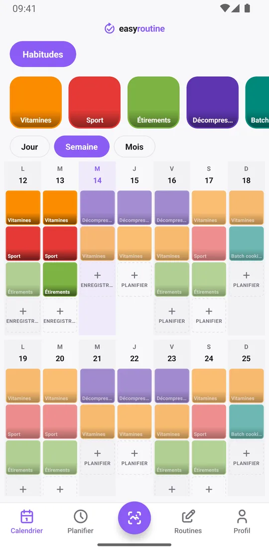 Vue semaine d'EasyRoutine avec des tuiles colorées pour les habitudes enregistrées à des jours et heures variés et des entrées pâles pour les habitudes prévues pas encore enregistrées