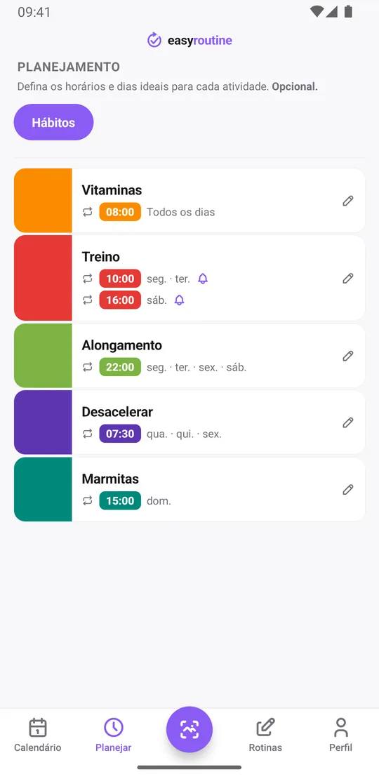 Aba Planejar do EasyRoutine com vitaminas todo dia, treino segunda e terça às 10:00 e sábado às 16:00, com sino de lembrete nos dois horários, alongamento em quatro noites, desacelerar de quarta a sexta de manhã e marmitas no domingo