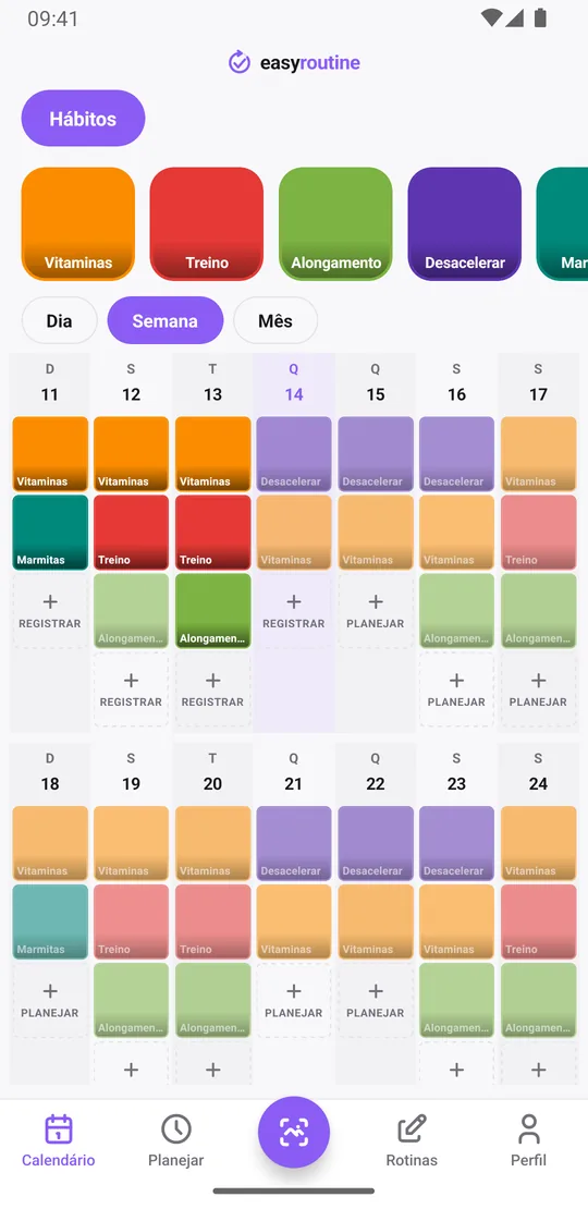 Visão semanal do EasyRoutine com blocos coloridos para hábitos registrados em dias e horários diferentes e entradas esmaecidas para hábitos planejados ainda não registrados