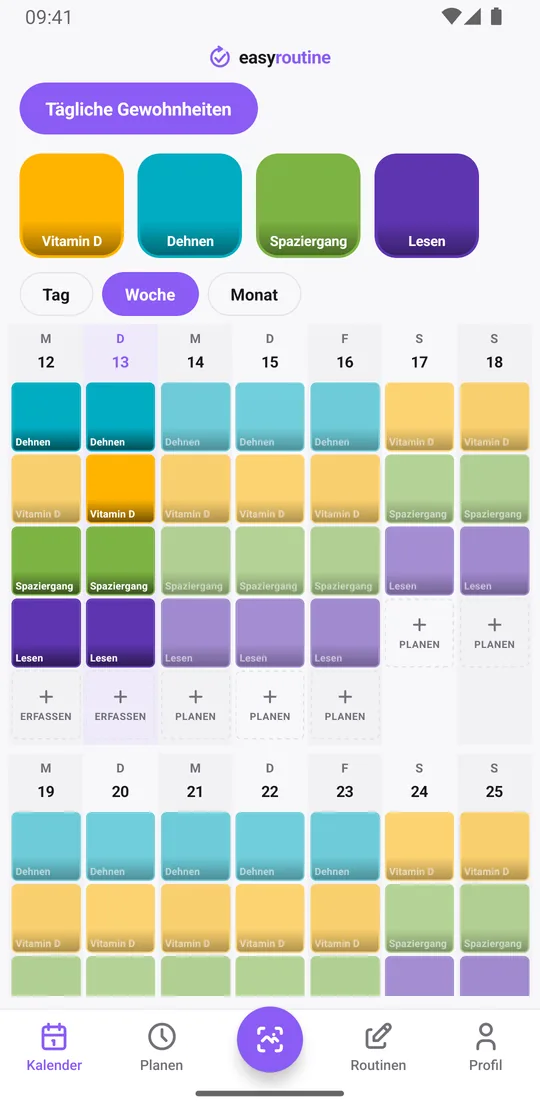 EasyRoutine Wochenansicht der Routine Tägliche Gewohnheiten mit farbigen Kacheln für Vitamin D, Dehnen, Spaziergang und Lesen an jedem Tag