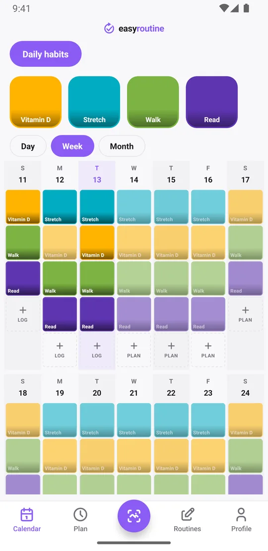 EasyRoutine week view of a Daily habits routine with colored tiles for vitamin D, stretching, walks and reading on each day