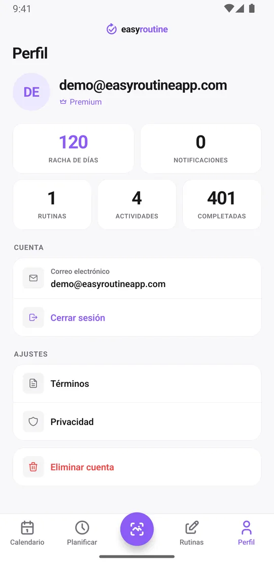 Pestaña Perfil de EasyRoutine con los mosaicos Racha de días, notificaciones activas, rutinas, actividades y registros completados