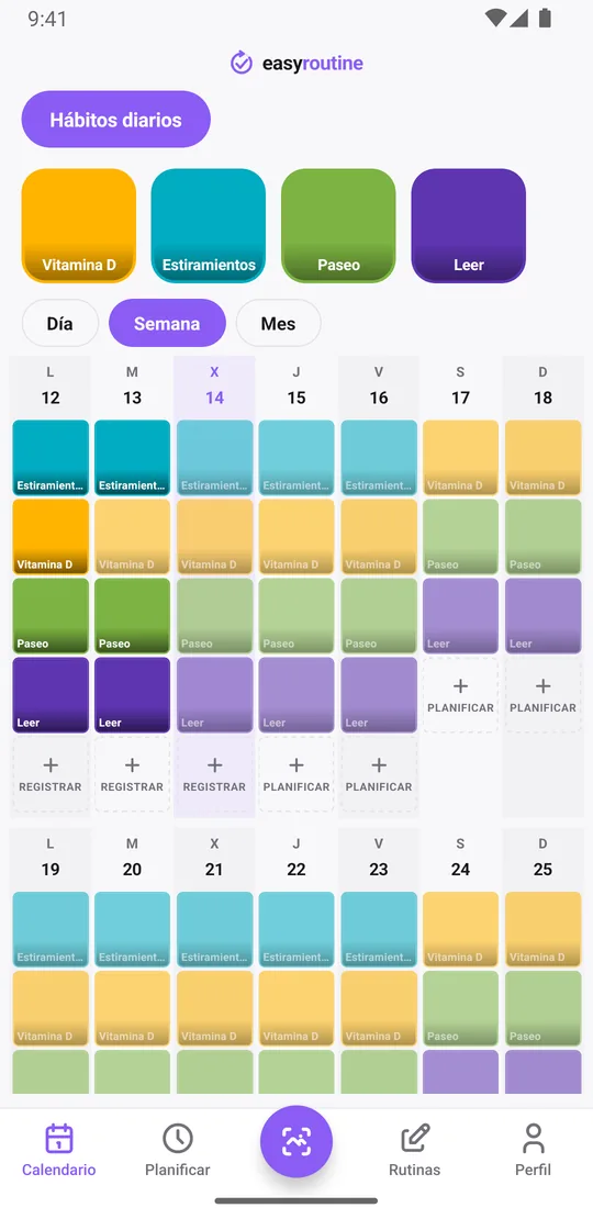 Vista semanal de EasyRoutine de la rutina Hábitos diarios con mosaicos de colores para vitamina D, estiramientos, paseo y lectura cada día