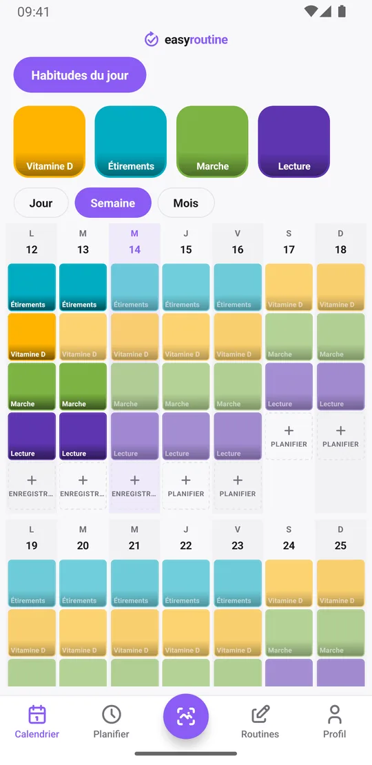 Vue semaine d'EasyRoutine de la routine Habitudes du jour, avec des tuiles colorées pour la vitamine D, les étirements, la marche et la lecture chaque jour