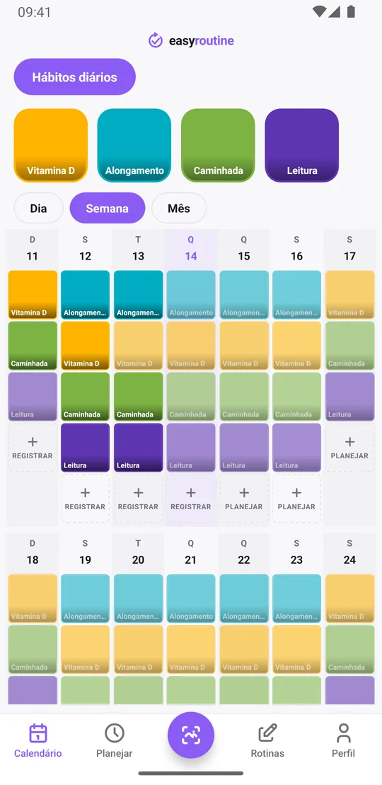 Visão semanal do EasyRoutine da rotina Hábitos diários com blocos coloridos para vitamina D, alongamento, caminhada e leitura em cada dia