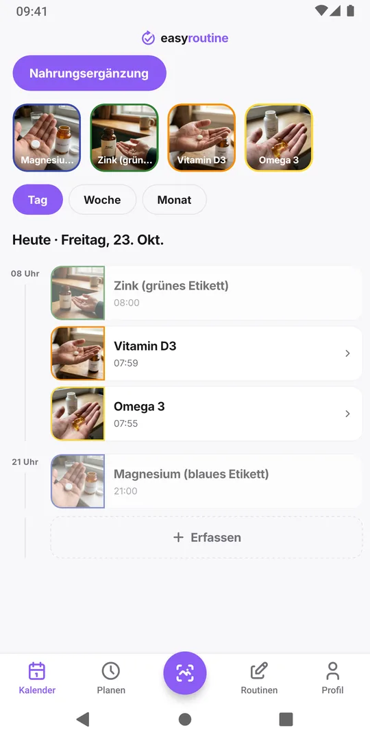 EasyRoutine Tagesansicht einer Routine Nahrungsergänzung mit den Einträgen des Tages für Vitamin D3, Omega 3, Zink und Magnesium samt Uhrzeiten