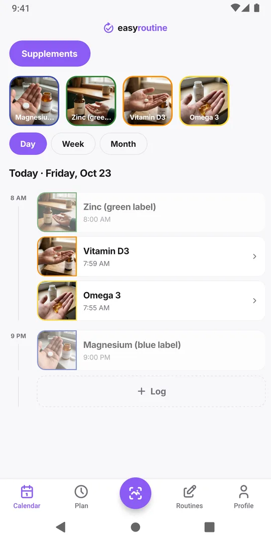 EasyRoutine day view of a Supplements routine listing the day's Vitamin D3, Omega 3, Zinc (green label) and Magnesium (blue label) entries with their times