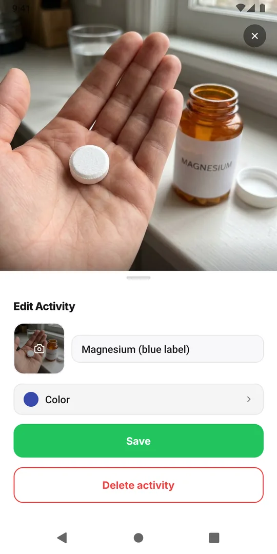 EasyRoutine Edit Activity sheet for Magnesium (blue label), showing its bottle photo, the activity name and its color