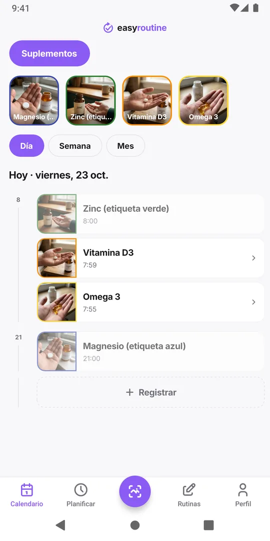 Vista de día de EasyRoutine de una rutina Suplementos con las entradas del día de Vitamina D3, Omega 3, Zinc y Magnesio y sus horas