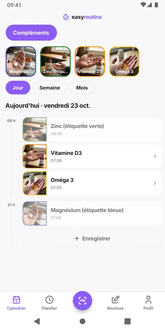 Vue jour d'EasyRoutine d'une routine Compléments listant les entrées du jour pour Vitamine D3, Oméga 3, Zinc et Magnésium avec leurs heures