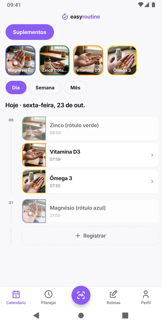 Visualização de dia do EasyRoutine de uma rotina Suplementos com as entradas do dia de Vitamina D3, Ômega 3, Zinco e Magnésio e seus horários