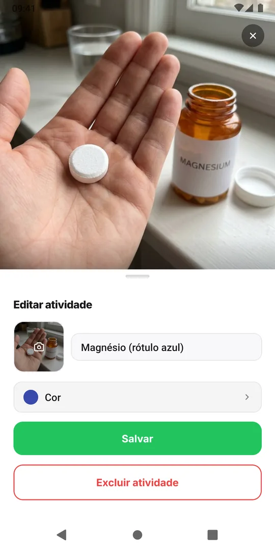 Folha Editar atividade do EasyRoutine para Magnésio (rótulo azul), com a foto do frasco, o nome da atividade e a cor dela