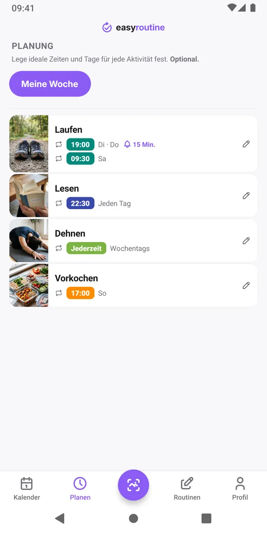 Tab Planen in EasyRoutine für die Routine Meine Woche: Laufen am Dienstag und Donnerstag um 19:00 mit Erinnerung und am Samstag um 09:30, Lesen täglich um 22:30, Dehnen wochentags jederzeit, Vorkochen am Sonntag um 17:00