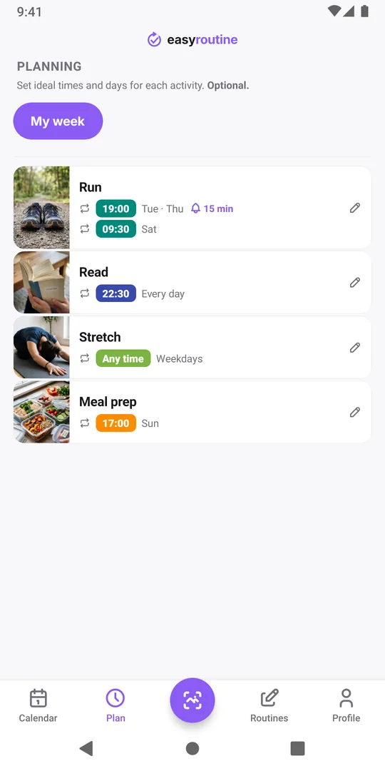 EasyRoutine Plan tab for the My week routine: Run on Tuesday and Thursday at 19:00 with a reminder and on Saturday at 09:30, Read every day at 22:30, Stretch on weekdays at any time, Meal prep on Sunday at 17:00