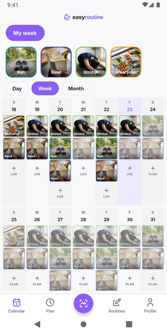 EasyRoutine week view of the My week routine with colored tiles for Run, Read, Stretch and Meal prep on their planned days and only a few faded entries left