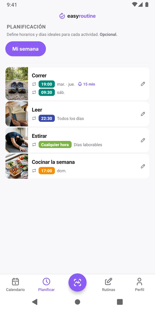 Pestaña Planificar de EasyRoutine para la rutina Mi semana: Correr martes y jueves a las 19:00 con recordatorio y el sábado a las 09:30, Leer todos los días a las 22:30, Estirar entre semana a cualquier hora, Cocinar la semana el domingo a las 17:00