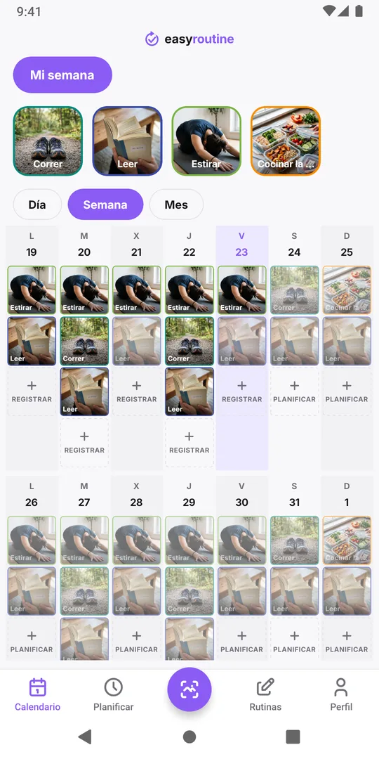Vista de semana de la rutina Mi semana en EasyRoutine con fichas de colores para Correr, Leer, Estirar y Cocinar la semana en sus días planificados y solo unas pocas entradas atenuadas