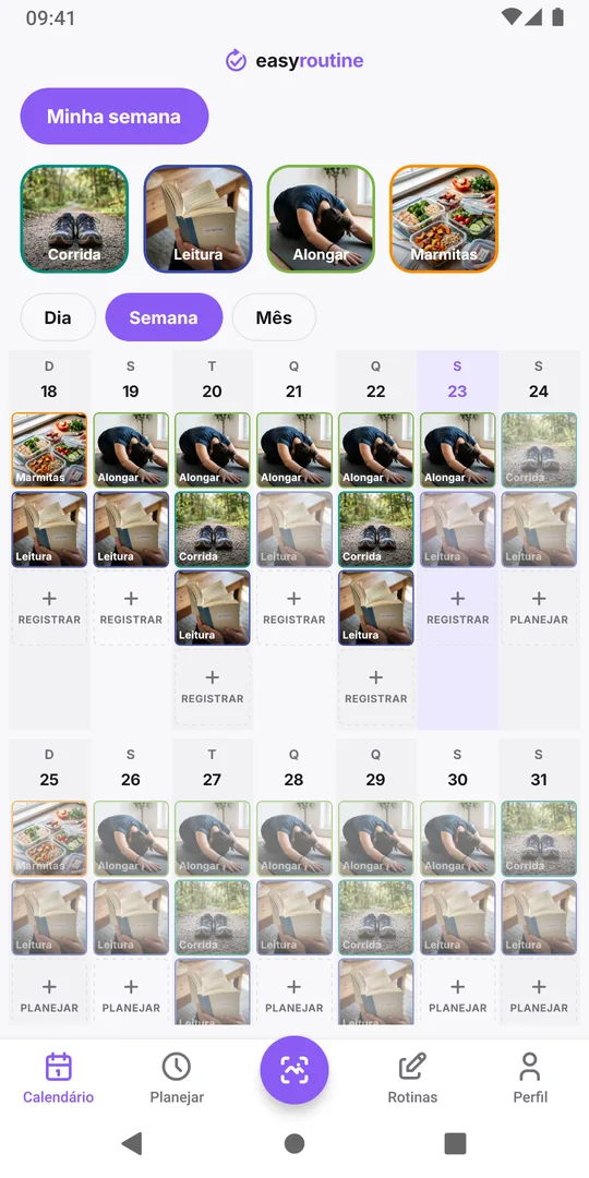 Visão de semana da rotina Minha semana no EasyRoutine com blocos coloridos para Corrida, Leitura, Alongar e Marmitas nos dias planejados e só algumas entradas esmaecidas