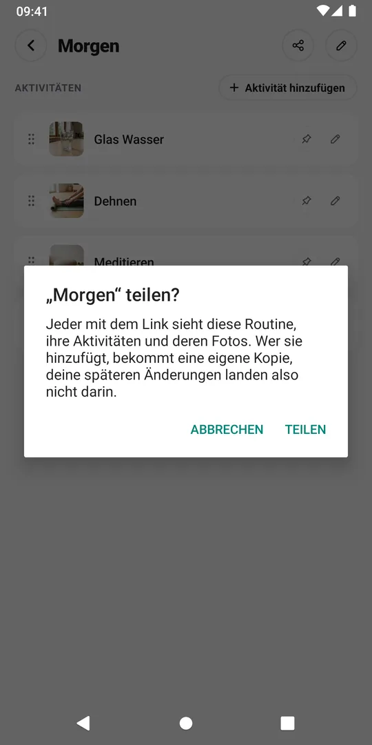 Die Abfrage in EasyRoutine, ob die Routine Morgen geteilt werden soll, mit der Schaltfläche Teilen