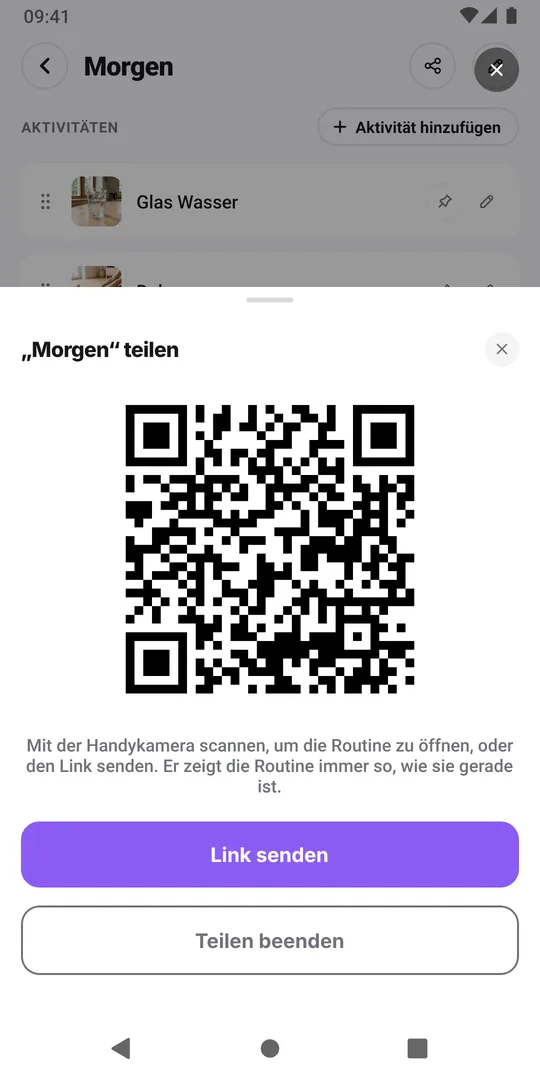 Das Teilen-Fenster in EasyRoutine mit dem QR-Code der Routine, der Schaltfläche Link senden und Teilen beenden