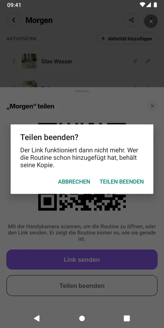 Die Abfrage Teilen beenden in EasyRoutine: Der Link funktioniert dann nicht mehr, wer die Routine schon hinzugefügt hat, behält seine Kopie