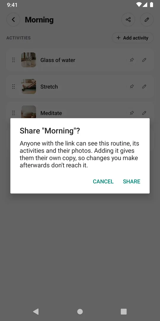 The EasyRoutine confirmation asking whether to share the Morning routine, with the Share button