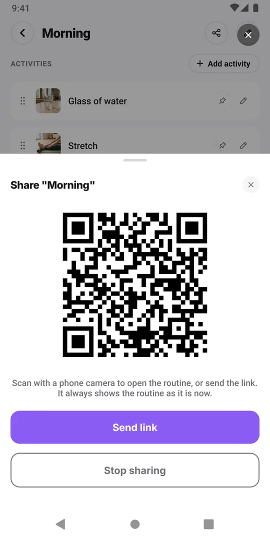 The EasyRoutine share sheet with the routine's QR code, the Send link button and Stop sharing