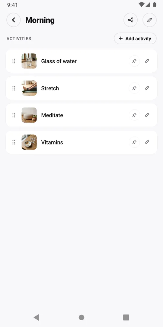 A Morning routine in EasyRoutine with its activities and the share button at the top
