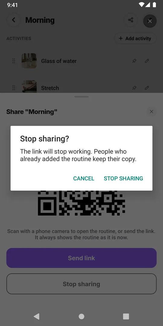 The EasyRoutine Stop sharing confirmation saying the link will stop working and people who already added the routine keep their copy