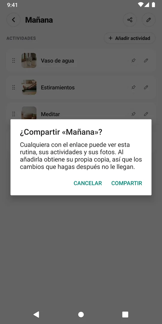 La confirmación de EasyRoutine que pregunta si compartir la rutina Mañana, con el botón Compartir