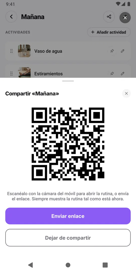 La ventana de compartir de EasyRoutine con el código QR de la rutina, el botón Enviar enlace y Dejar de compartir