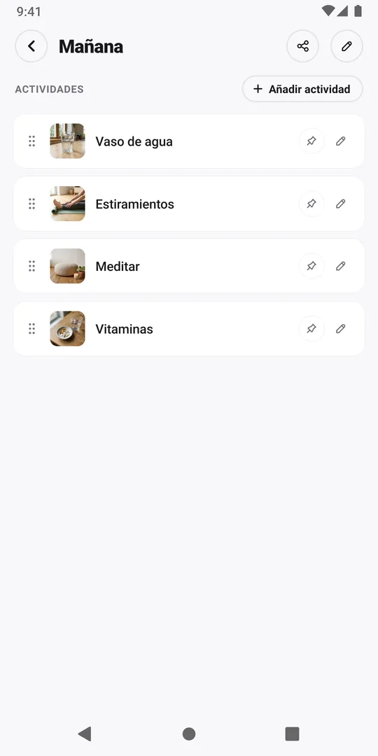 Una rutina Mañana en EasyRoutine con sus actividades y el botón de compartir arriba