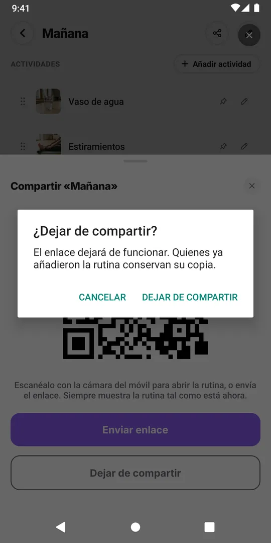 La confirmación Dejar de compartir de EasyRoutine, que avisa de que el enlace dejará de funcionar y quienes ya añadieron la rutina conservan su copia