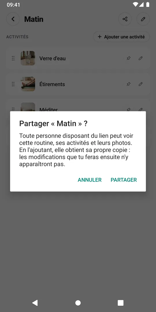 La confirmation d'EasyRoutine qui demande s'il faut partager la routine Matin, avec le bouton Partager