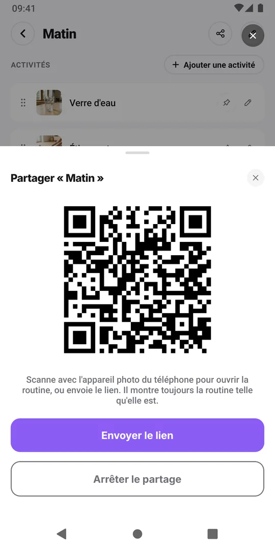 La fenêtre de partage d'EasyRoutine avec le QR code de la routine, le bouton Envoyer le lien et Arrêter le partage