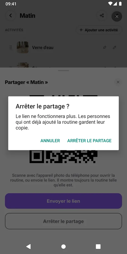 La confirmation Arrêter le partage d'EasyRoutine indiquant que le lien ne fonctionnera plus et que les personnes qui ont déjà ajouté la routine gardent leur copie